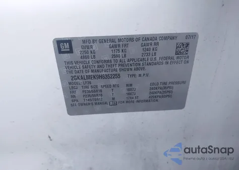 2017 GMC Terrain Sle z USA, uszkodzony, nr VIN 2GKALMEK9H6352255